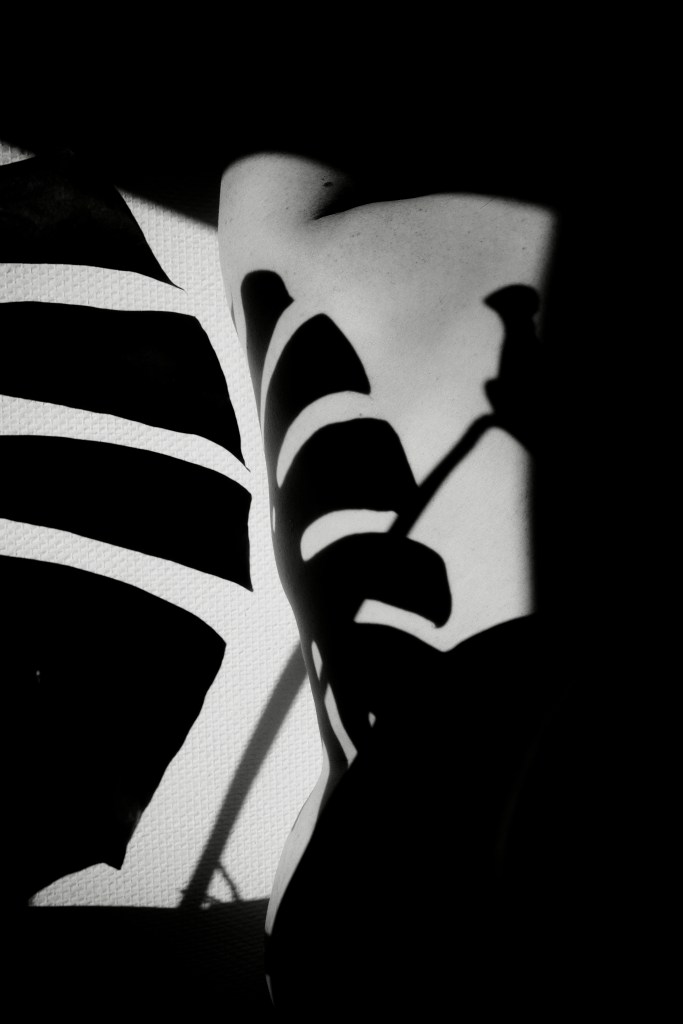 Photographie en noir et blanc jouant avec les ombres et la silhouette d'un corps.